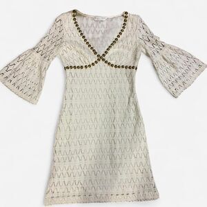 Trina Turk Women's White and Cream Dress size 0 with gold beading bell sleeves